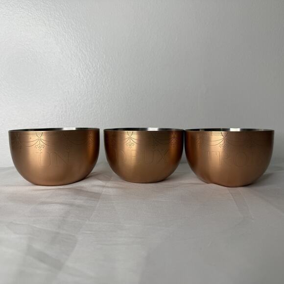 Anthropologie Copper Bowls Set 3 French Engraved Un Deux Trois Kitchen Decor - Picture 1 of 7